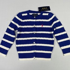 Polo Ralph Lauren Girls 2T Cable Knit Blue White Stripe Button Cardigan Sweater