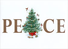 Thoughtful CHRISTMAS Card, PEACE Birds Decorate Tree Art by SONDRA + Envelope