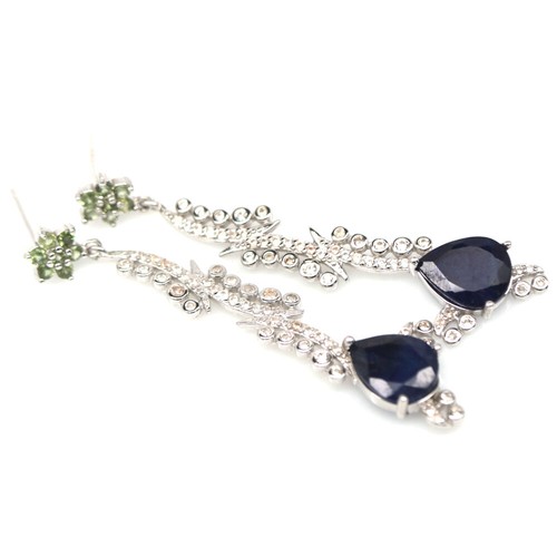 925 Sterling Silver 8 x 10 mm. Blue Sapphire, Peridot & Zircon Earrings - Picture 2 of 4