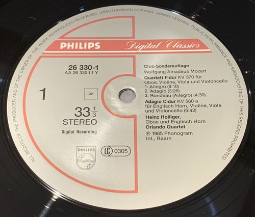 Mozart Oboe Quartet HEINZ HOLLIGER Philips Digital Classics LP NM Like New - Picture 3 of 3