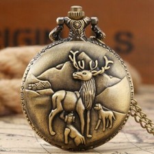 Retro Elk Design Men's Quartz Pocket Watch 80cm Chain Full Hunter Arabic Number