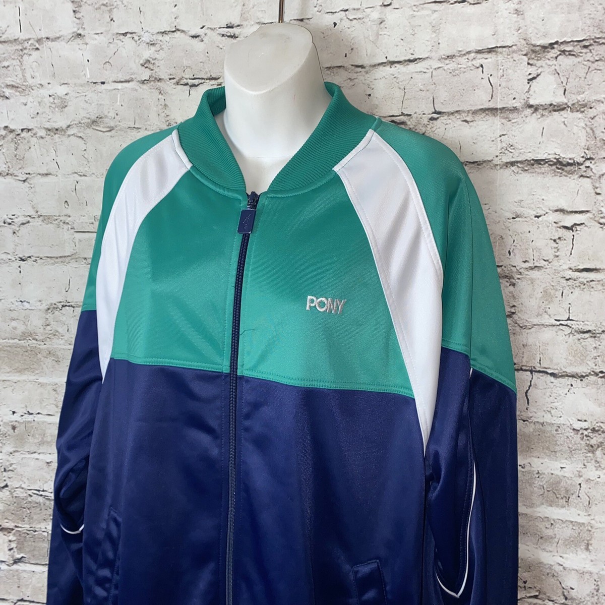 Vintage 90s Pony Men's Track Jacket Green Blue White L Full Vintage 90s Pony Men's Track Jacket Green Blue White L Full