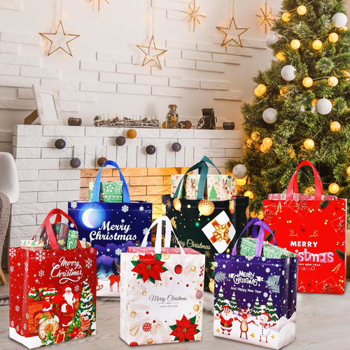 Large Christmas Tote Bags with Handle, 6 Pack Reusable Xmas Grocery Carrier Gift - Picture 6 of 7