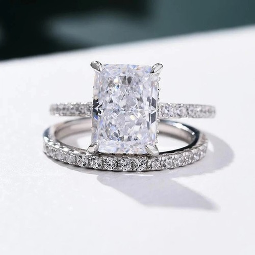 3.10 Carat Radiant Cut Moissanite Bridal Set Wedding Ring Solid 14K White Gold - Picture 4 of 10