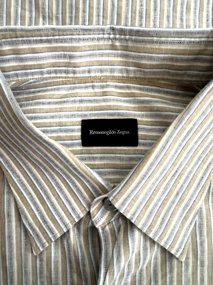 Ermenegildo Zegna Recent Dress Shirt Men's Large 16.5" Linen-Blend Beige Striped - Image 2 of 4