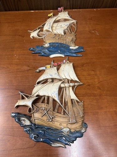 2 VINTAGE Mid Century Mid West Maritim Metall Wandbehänge ALUGUSS SCHIFF - Bild 1 von 15