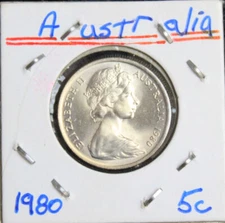 1980 Australian FIVE Cent  (5c) - Uncirculated Decimal Coin from a mint roll