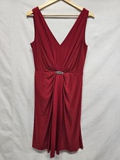 Ralph Lauren Dress Size 10 Solid Red Sleeveless Rhinestone Brooch Ruched