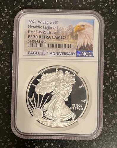 2021 W NGC PF 70 UC First Day Issue Type 1 Heraldic T-1 Proof Silver Eagle FDOI