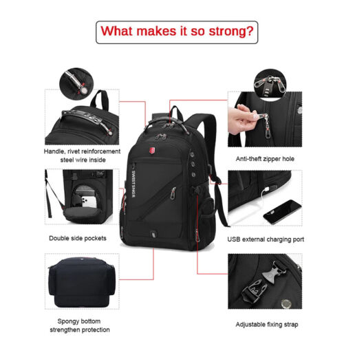Zaino impermeabile 15,6/17,3 pollici per laptop uomo ricarica USB zaino svizzero viaggio - Foto 5 di 17