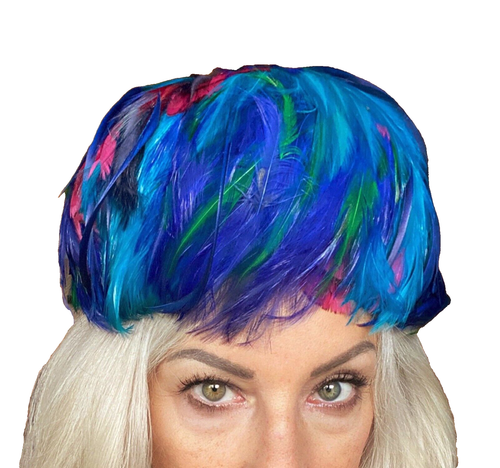 Vtg CHRISTIAN DIOR MULTI COLORED Turquoise Blue Pink FEATHER HAT Cocktail 1950s - Picture 3 of 11
