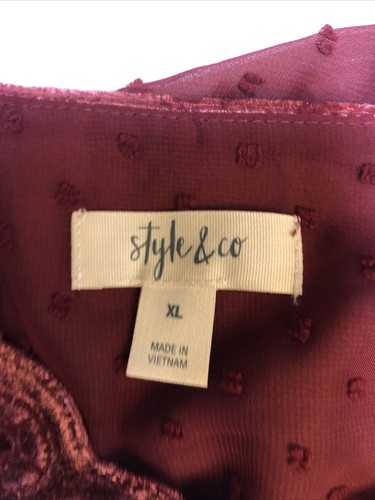 Style&co XL NWT 1 PC Eyelet Blouse Velvet Accent Sheer Shirt Dark Red Wine - Picture 6 of 10