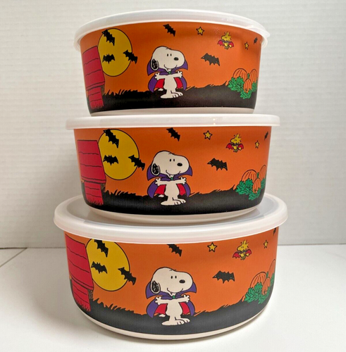 Peanuts Snoopy & Friends 3 HALLOWEEN Bamboo Nesting Containers with Lids - NEW