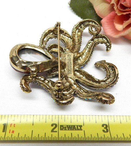 GOLD TONE PURPLE GLASS, PINK & BLUE AURORA RHINESTONE OCTOPUS BROOCH - Picture 4 of 4