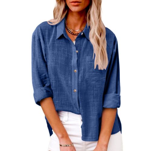 New women's linen cotton shirt button top long sleeved casual loose shirt - Picture 29 of 48