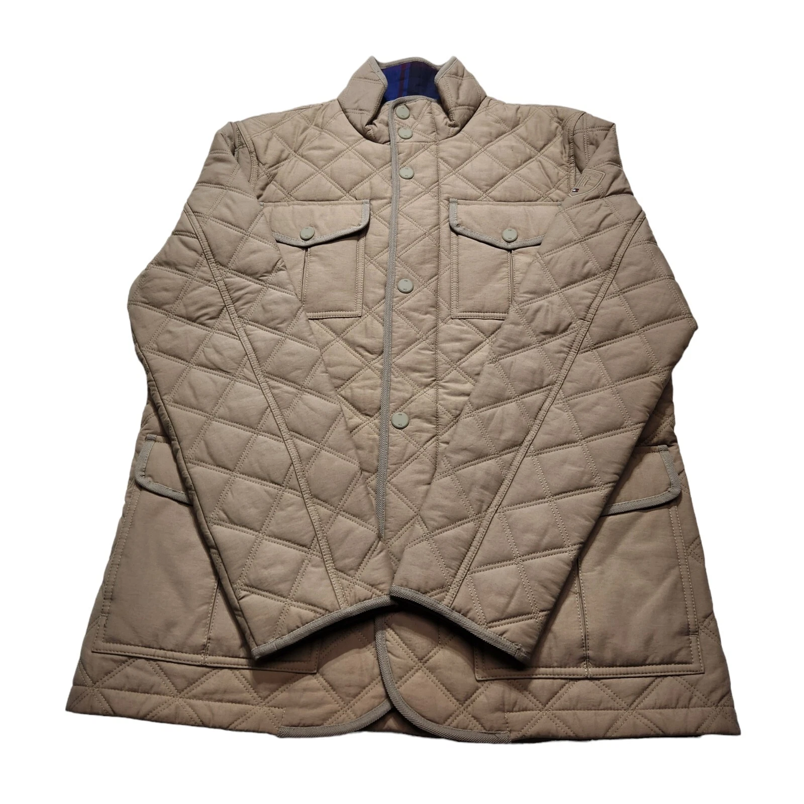 TOMMY HILFIGER Men's Quilted Brick Jacket Large Tan Coat Full Zipper Long Sleeve