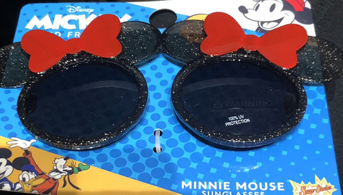 * MINNIE MOUSE MÄDCHEN SONNENBRILLE SCHWARZ GLITZERN * MINNIE OHREN & SCHLEIFENFARBEN *