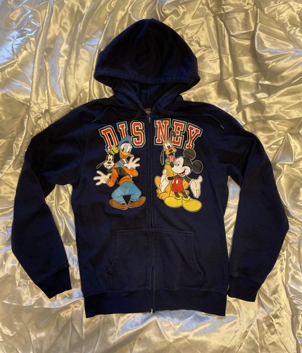 Disney Hoodie Men M 38-40 Mickey Goofy Pluto Donald Full Zip Sweater Navy Fleece - Picture 1 of 14
