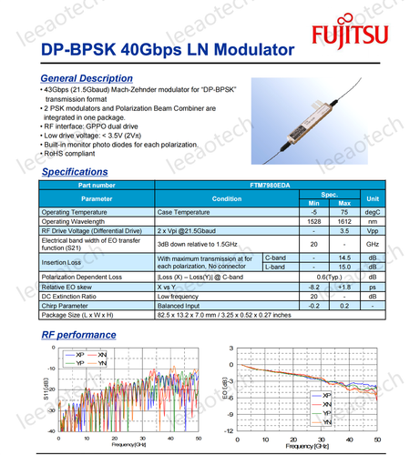 Fujitsu FTM7981EDA DP-BPSK 40Gbs MZ GPPO Dual Drive LN Modulator 1528-1612nm - Picture 3 of 3