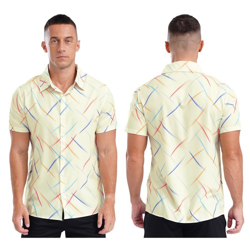 Mens Colorful Striped Casual Short Sleeve Button Down Vacation Holiday Tops - Picture 25 of 77