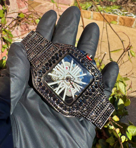 Reloj pulsera cuadrada de diamantes simulados con esqueleto helado helado de lujo para hombre - Imagen 9 de 18