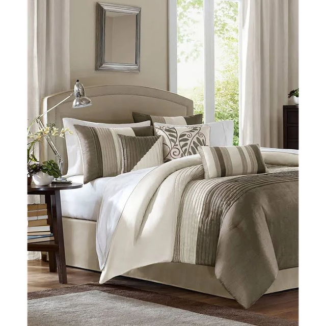 7-Pc Leone Paisley Embroidery Comforter Set Beige Coffee Tan Gray Taupe Queen