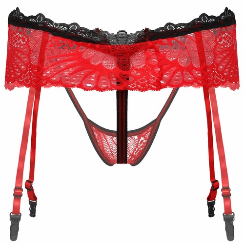 Agoky Sissy Herren Dessous G-string Transparente Spitzen Slip mit Strumpfband - Bild 22 von 37