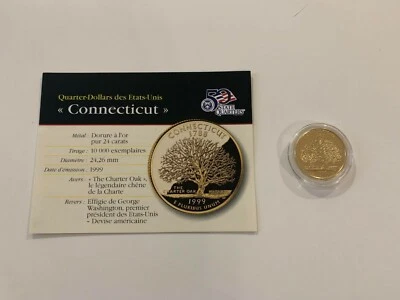 Quarter-dollars des Etats-Unis doré à l'Or Pur 24 Carats "Connecticut" - Photo 1/3