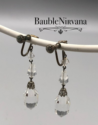 Vintage Czechoslavkia Cut Faceted Clear Crystal Beads Dangle Drop Earrings - Picture 3 of 4