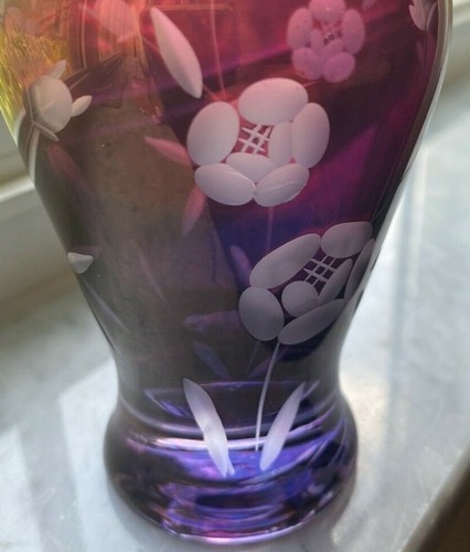 Amethyst Art Glass Etched Flower Design 6" Vintage small Vase - Picture 8 of 8