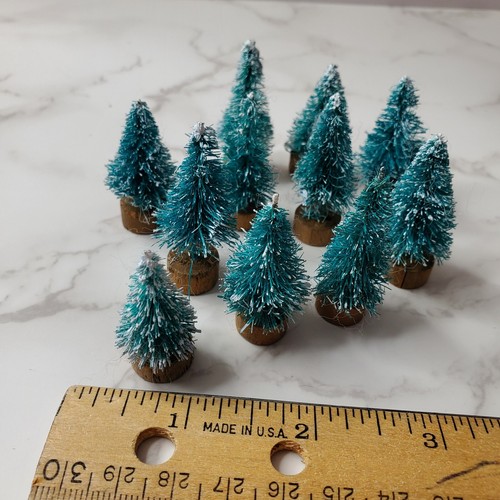 Mini Sisal Pine Trees 11 Christmas Village Putz House 1.25"-1.5" Green Wood Base - Picture 2 of 6