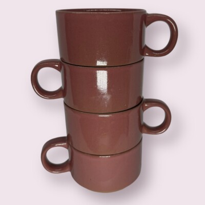 Set Of 4 Midwinter Stoneware Mugs Old Pink Made in Japan Stackable Cork Bottom