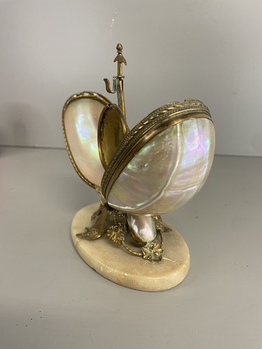 Antico Supporto Orologio da Tasca Uovo Bronzo Madreperla & Dore Dorato Francese - Foto 4 di 10