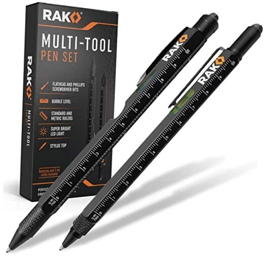 Multi-Tool 2Pc Pen Set - LED Light, Touchscreen Stylus, Ruler, Level, Bottle