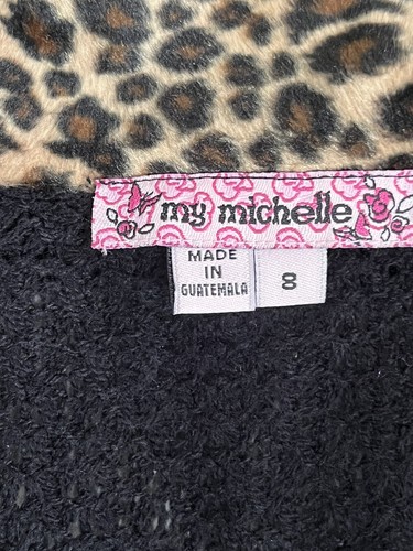 My Michelle Black Open Knit Duster Sweater Leopard Collar Girls Size 8 - Picture 3 of 7