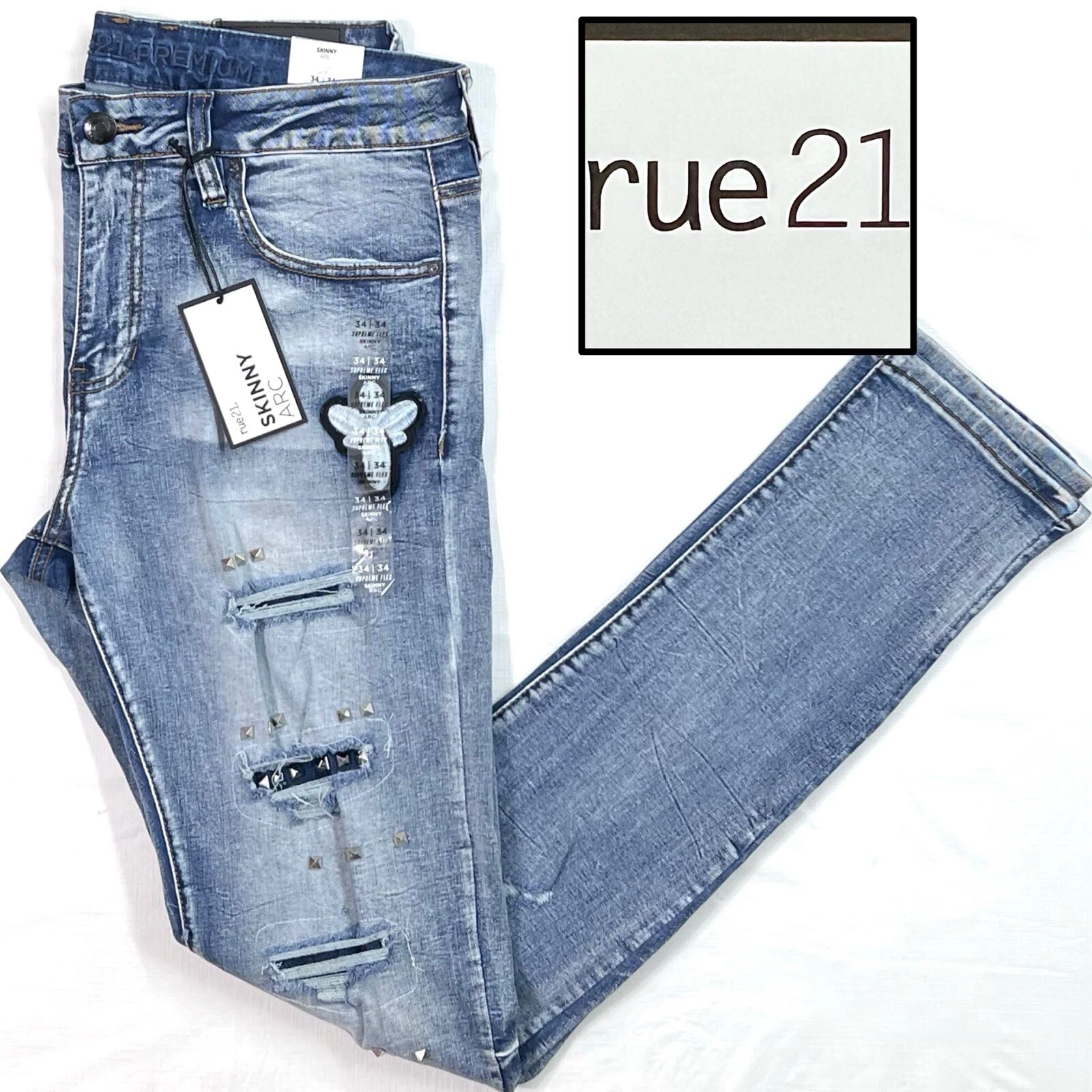 Pantalon jean homme taille 34x34 neuf avec étiquette RUE21 Supreme Flex skinny arc embelli denim