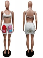 Women Tracksuit Two Piece Set Cartoon Print Summer Street Outfit Shorts Crop Top