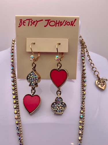 Betsey Johnson Hearts and Clubs Irridescent Pink Pave Necklace and Earrings Set - Picture 5 of 9