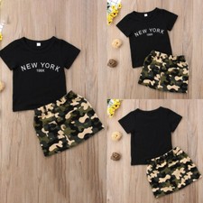 2PCS Toddler Baby Girls Camouflage Outfit Black Letter T-Shirt Skirt Summer Set