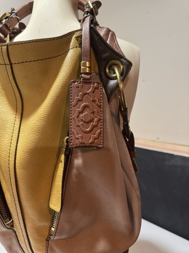 Genuine Leather orYany Grey Brown Yellow Handbag with Gold Hardware Detailing - Picture 14 of 15