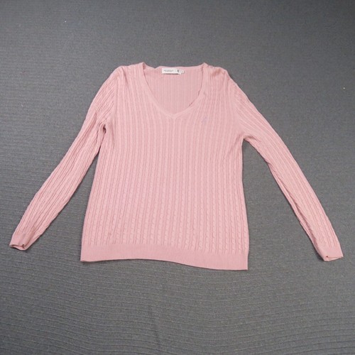Pringle of Scotland Womens Sweater Jumper XL or 16(AU) Pink Cable Knit V-Neck