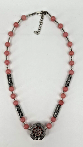 Vintage Art Deco Rose Quartz Beaded Silver Tone Filigree Statement Necklace - Picture 15 of 16
