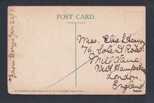TRANSVAAL 1913 "IN EINEM EINHEIMISCHEN KRAAL" POSTKARTE JOHANNESBURG NACH LONDON UK - Bild 2 von 2
