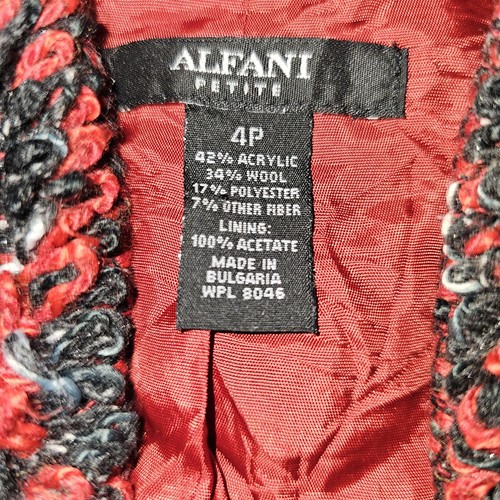 Alfani Petite 4P Red Black Boucle Tweed Fringe Jacket Wool Cropped Lined Blazer - Picture 3 of 9