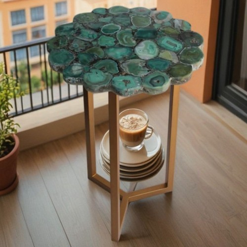 Round Green Agate Stone Dining Table Natural Crystal Slice Top coffee Table - Picture 3 of 13