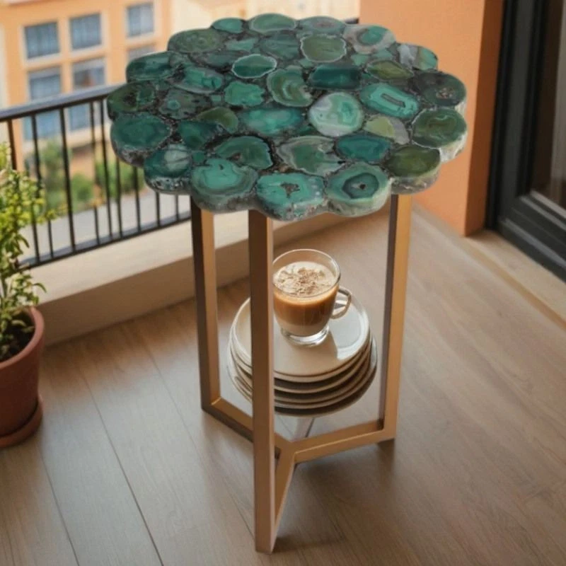 Round Green Agate Stone Dining Table | Natural Crystal Slice Top | coffee Table - Image 3 of 4