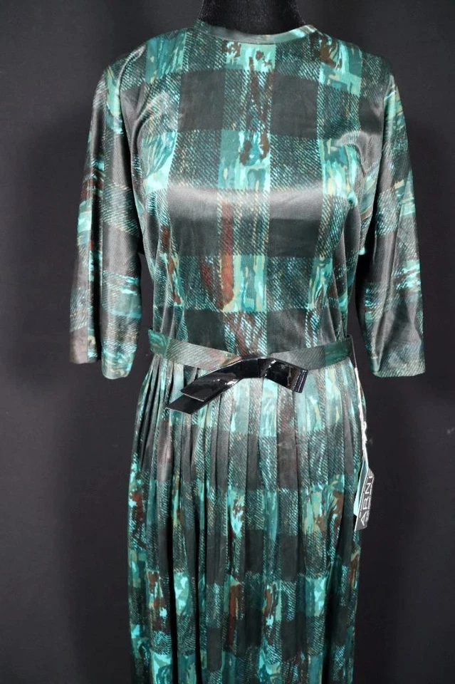 Vintage Deadstock 1960'S Jamais Worn Vert Imprimé Robe Avec Tags Taille 8-10 - Photo 2/4