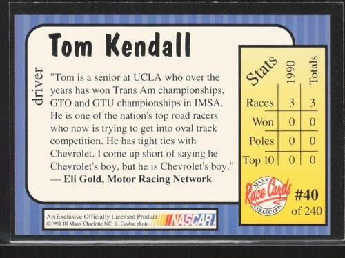 1991 Maxx #40 Tom Kendall Reno Enterprises - Picture 2 of 2