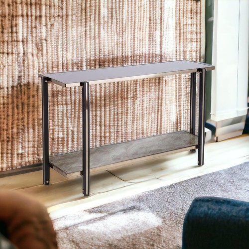 50" Smoky Black and Champagne Glass Mirrored Floor Shelf Console Table with S... - Picture 2 of 7