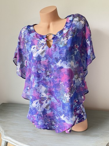 STUDIO WORKS Blouse Women's Size Large L Layered Flutter Sleeves floral Purple - Picture 4 of 11